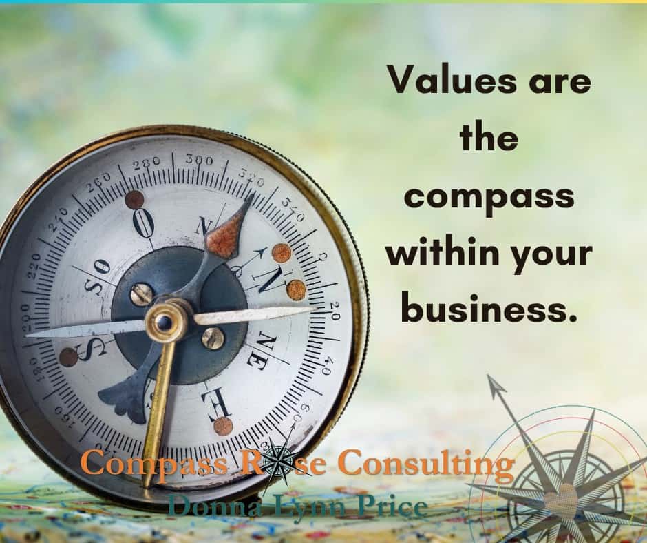 Image of compass with words: Values are the compass within your business